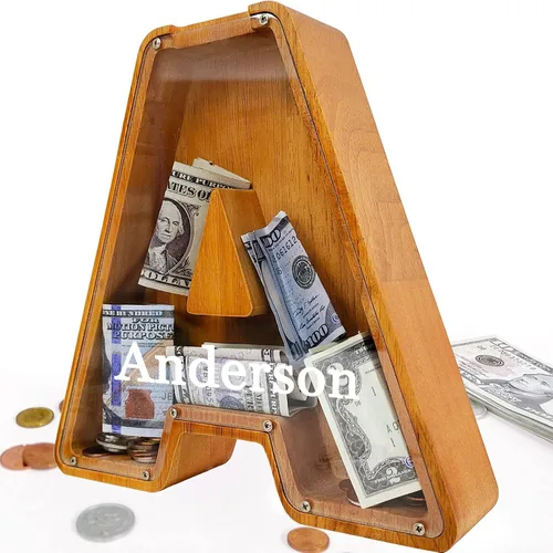 Miniatura 82 de Alcancía para niños y niñas, alcancía grande de madera personalizada con diseño recortado, bancos de monedas con letras del alfabeto, caja de ahorro
