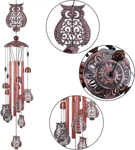 Miniatura 2 de Campanillas de viento de búho para decoración de interiores y exteriores, con 4 tubos de aluminio, 6 campanas, 7 búhos, 37 pulgadas, impermeables