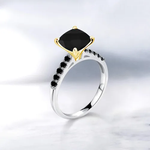 Miniatura 4 de Gem Stone King Anillo de oro blanco de 10 quilates con forma de tablero de ajedrez de 244 quilates con forma de ónix negro y diamantes negros