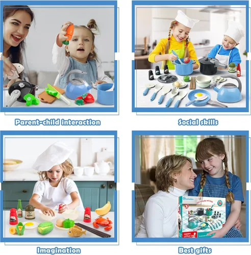 Miniatura 6 de Bruvoalon Juego de 67 piezas de juguetes de cocina para niños, juego de cocina de imitación para niños pequeños con ollas, sartenes, utensilios