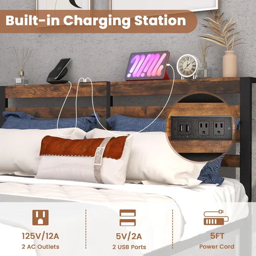 Miniatura 3 de Giantex Base de cama de metal con estación de carga, plataforma industrial con cabecera de almacenamiento, base de colchón resistente, fácil