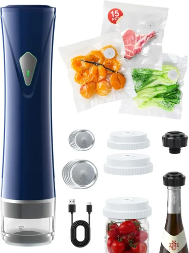 GPUTEK Sellador al vacío compacto 3 en 1 para alimentos con bolsas y kit de tarro de masón, ahorra 5 veces más fresco durante más tiempo, 15 bolsas