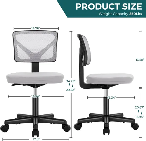 Miniatura 3 de DUMOS Sillas de oficina pequeñas con ruedas, ergonómicas ajustables para escritorio doméstico, silla giratoria rodante de trabajo sin brazos, Gris