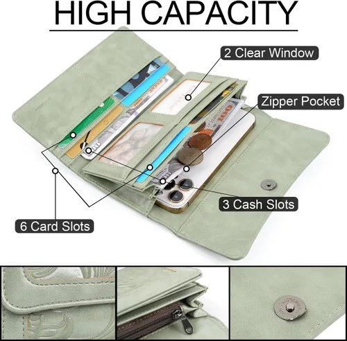 Miniatura 58 de MEITRUE Cartera de cuero para mujer, con bloqueo RFID, triple pliegue, con relieve, soporte para tarjetas, organizador de chequera para teléfono