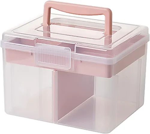 Caja de almacenamiento pequeña y portátil de plástico para adornos de belleza, uñas y accesorios para el cabello, estuche de cosméticos con asa y