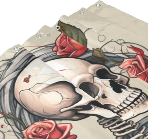 Miniatura 3 de YLATY3445 - Cortina de ducha de calavera para baño, divertido juego de cortina de ducha hippie con flores rojas y esqueleto, pintura al óleo, tela