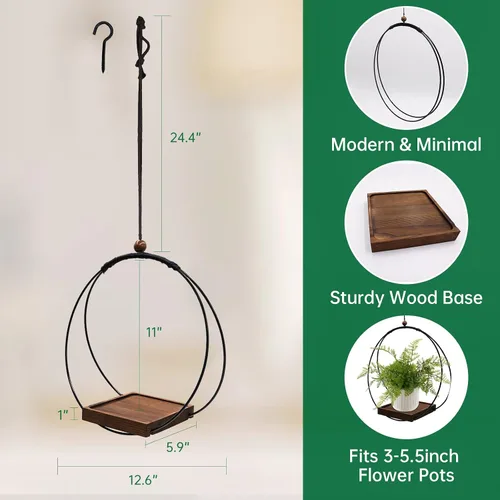 Miniatura 2 de Maceta colgante para plantas de interior, colgador de plantas negro para interiores con base de madera resistente, colgador de plantas de macramé