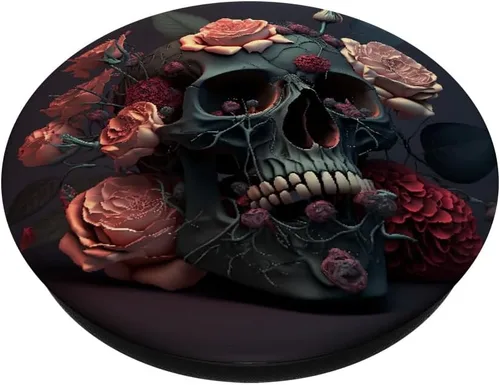 Miniatura 2 de Calavera y rosas floral negro oscuro gótico calavera de terror PopSockets intercambiables PopGrip