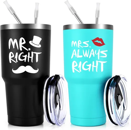 Qtencas Mr. Right Mrs. Always Right - Juego de vasos térmicos de viaje, regalos de boda y compromiso para esposo, esposa, parejas recién casadas, 6