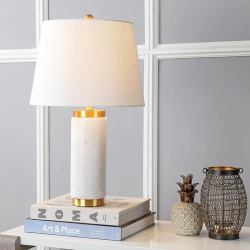 Miniatura 2 de JONATHAN Y Lámpara de mesa LED de mármol blanco/latón dorado de 23 pulgadas, lámpara de columna moderna contemporánea con pantalla de tambor de lino