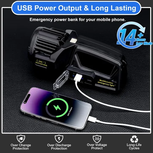 Miniatura 5 de Linterna de foco recargable, 2,000,000 L lúmenes, luz LED de mano con rotación de 350°, 9 modos, carga solar y USB-C, impermeable, linterna