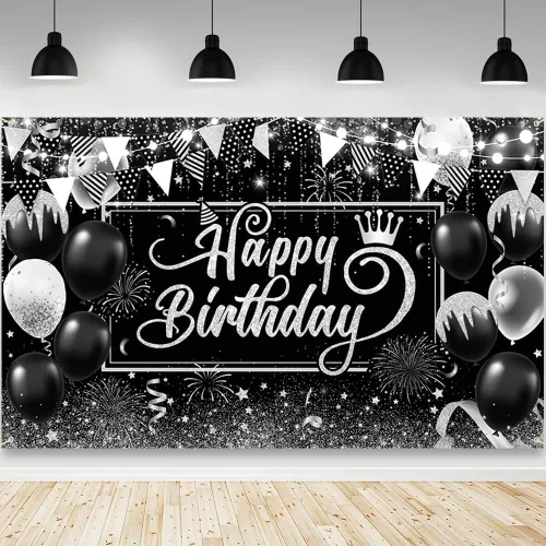 Miniatura 6 de AIBIIN Telón de fondo de feliz cumpleaños para hombre, fondo de fotografía dorado, globos negros, decoraciones de fiesta de cumpleaños, pancarta