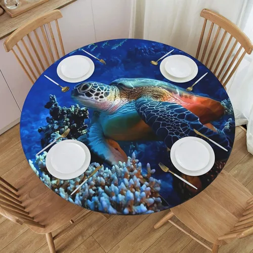 Miniatura 12 de Mantel ajustable con temática náutica con diseño de cangrejo, mapa de vida costero azul del océano, borde elástico, cubierta impermeable y lavable