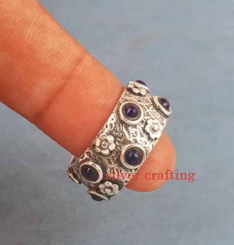 Miniatura 2 de Anillo redondo de lapislázuli hecho a mano, joyería de plata de lapislázuli para mujer, anillo de plata de piedra azul