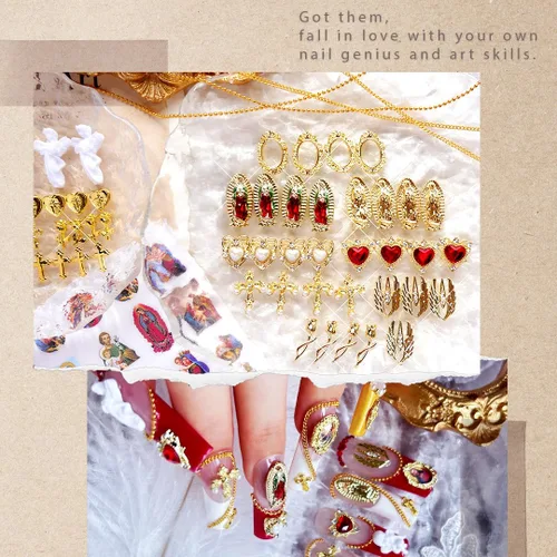 Miniatura 4 de 65 piezas de dijes de uñas de la Virgen María, cruz dorada, 3D, corazón, ángel, flor de rosa, aleación, diamantes de imitación, para arte de uñas