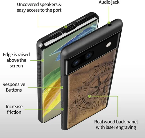 Miniatura 6 de Carveit Funda de madera para Pixel 6a [madera natural y TPU suave negro] a prueba de golpes, funda de madera única y elegante compatible con Google