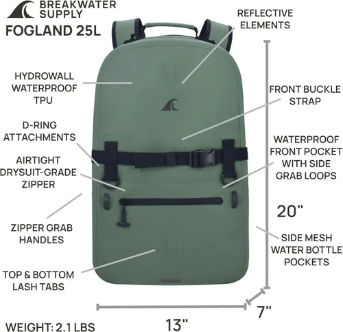 Miniatura 4 de Breakwater Supply™ Mochila impermeable IP68 sumergible con cierres herméticos Para portátil, viajes al aire libre Fogland 25L 20L 15L, 25 L