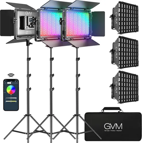 GVM - Luz de video RGB de 65 W con caja de luz, kit de iluminación de video LED 1300D, 25000lux/1.6 ft, kit de iluminación de fotografía a todo