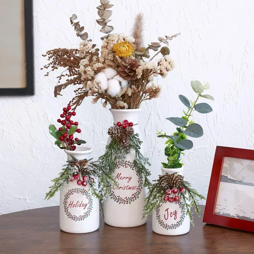 Miniatura 6 de Juego de 3 piezas artificial de Navidad, cubierto con decoraciones de Navidad mixtas, botellas de cerámica blancas