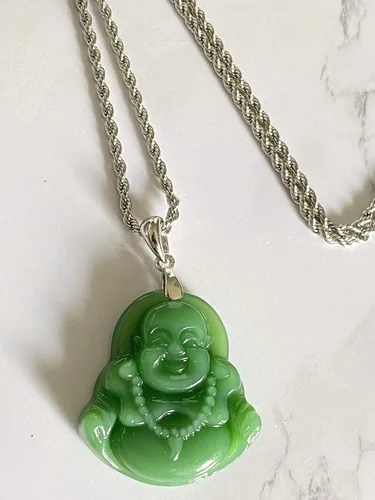 Miniatura 4 de Shop-iGold Colgante de Buda de jade verde claro para hombre y mujer, con estatua de Buda riendo, Metal, Jade simulado