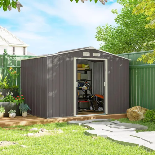 Miniatura 15 de Outsunny Cobertizo de almacenamiento exterior de 11' x 13', cobertizo de metal para herramientas de jardín con kit de cimentación, puerta con doble