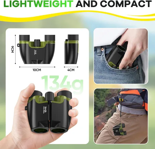 Miniatura 6 de Binoculares compactos para adultos y niños con prisma BAK4, lente FMC de 15x25, binoculares impermeables con visión de poca luz, binoculares Verde