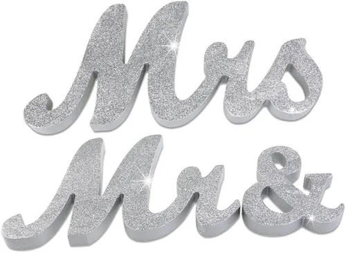 Miniatura 2 de Mrs & Mr Sign - Decoración de mesa de amor, letras para accesorios de fotos de boda, pancarta de fiesta, purpurina plateada Escarcha plateada