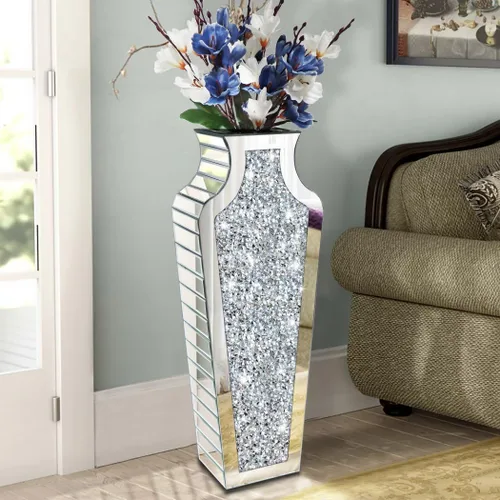 Allartonly Jarrón de espejo de diamante triturado de piso de 27 pulgadas de alto, espejo decorativo de cristal plateado de gran tamaño para Luo Di