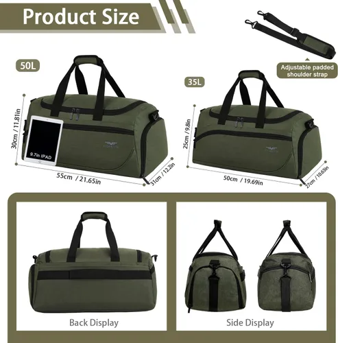 Miniatura 4 de FIORETTO Bolsa de deporte para hombre con bolsillo húmedo y compartimento para zapatos, ideal para viajes, gimnasio, deportes, natación, A-Verde