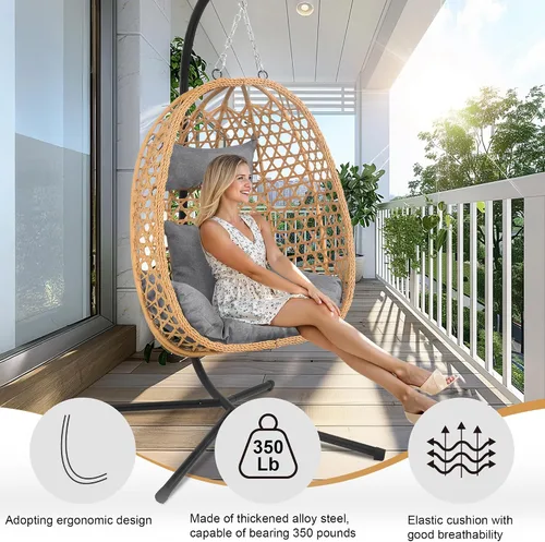 Miniatura 2 de Silla colgante de huevo con soporte y cojines, silla oscilante de ratán para todo tipo de clima para patio, balcón, jardín