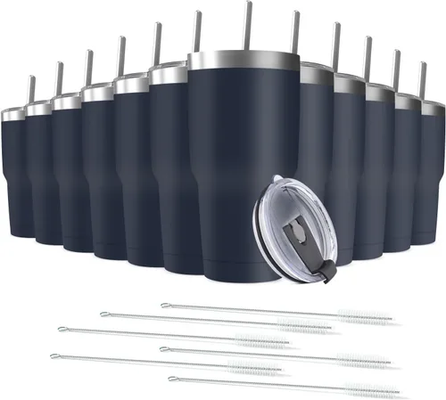 Miniatura 23 de Taza de viaje de acero inoxidable de 30 onzas con tapa, paquete de 6 vasos de doble pared aislados al vacío a granel con 6 pajitas, taza de café