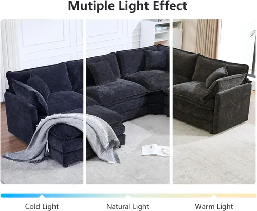 Miniatura 8 de Sofá modular Cloud seccional, moderno sofá modular en forma de L de felpilla con otomana y almohadas, sofás esquineros de asiento profundo de 5 Negro