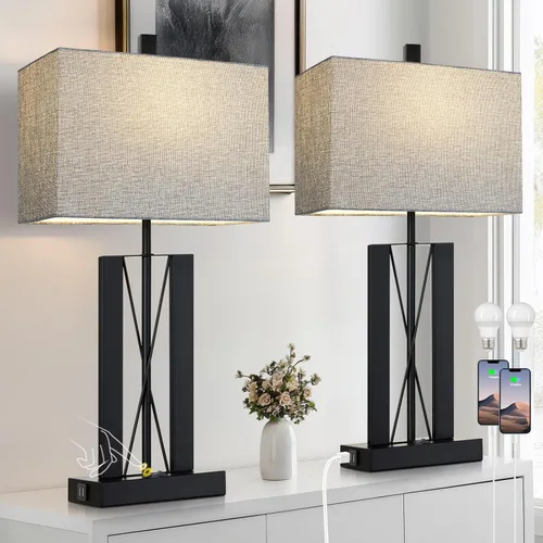 Lolikit Juego de 2 lámparas de mesa de 25 pulgadas, lámpara de mesa moderna para sala de estar con 2 puertos de carga USB, lámpara de noche Gris