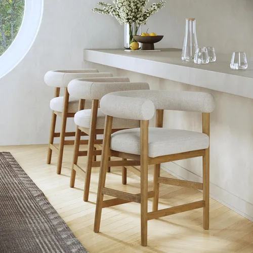 Miniatura 16 de Nathan James - Gracie - Moderno taburete alto con respaldo, silla alta tapizada con lino texturizado natural y patas de madera cepillada - Marrón