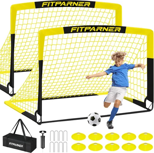 Juego de 2 redes de fútbol portátiles con pelota, conos, kit completo de equipo de entrenamiento para niños pequeños, jóvenes, niños de 3 a 14 años,