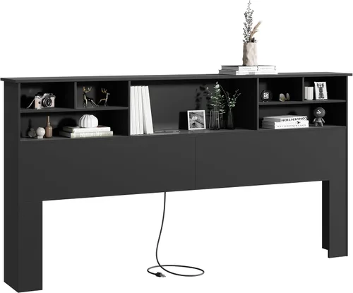 Miniatura 9 de Cabecero Queen/Full Solo para Dormitorio, Elegante Cabecero con Estantería con Estación de Carga y 2 Luces LED, Cabeceros de Madera Procesada