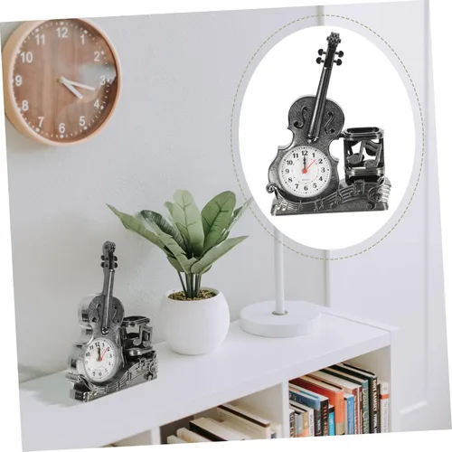 Miniatura 7 de BESTOYARD Reloj despertador de violín con soporte para bolígrafo, reloj de mesa analógico alimentado por batería, 8.66 x 5.90 x 1.96 pulgadas, 5.85