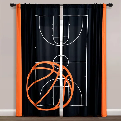 Lush Decor Juego de cortinas para ventana de juego de baloncesto, par, 52 pulgadas de ancho x 84 pulgadas de largo, color negro y naranja, cortinas