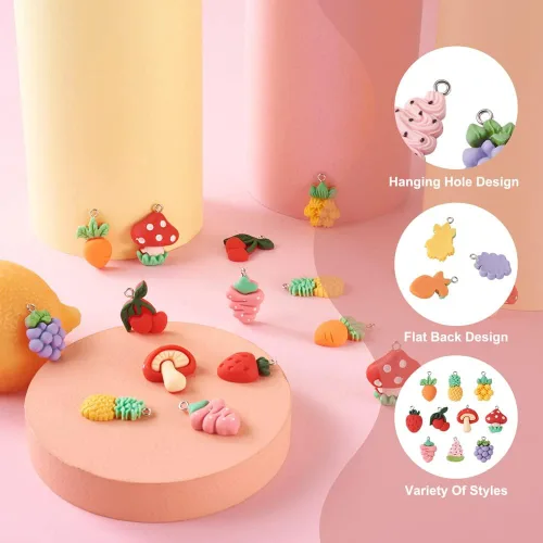 Miniatura 3 de Mega Pet 40 dijes de resina de frutas y verduras, fresa, piña, uva, cereza, resina, hongos, zanahoria, para bricolaje, collares, pulseras, aretes