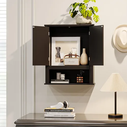 Miniatura 8 de VINGLI Armario de pared de baño, botiquín negro con estante abierto y 2 puertas, organizador de almacenamiento ajustable para colgar sobre