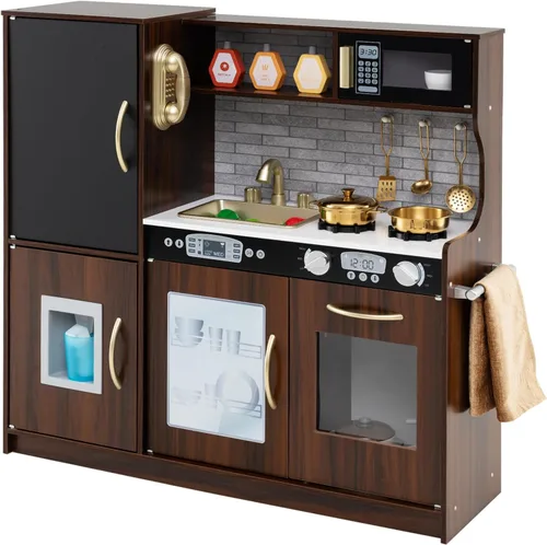 Miniatura 12 de MAT EXPERT Juego de Cocina para Niños, Cocina de Juguete de Chef de Madera con Pizarra, Máquina de Hielo, Accesorios de Utensilios de Cocina, Rosa