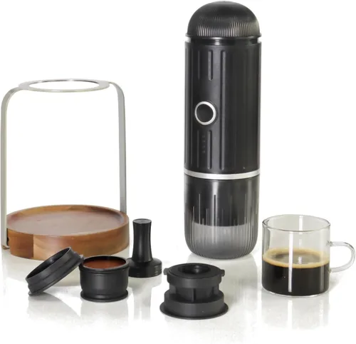 Cafetera espresso portátil, cafetera de viaje para campamento, cafetera eléctrica 3 en 1 con autocalentamiento, USB-C, café molido y cápsulas (NS y
