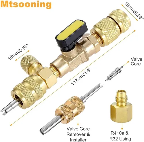 Miniatura 5 de Kit de instalación de removedor de núcleo de válvula R12 R22 R410A, 3 válvulas de bola SAE de 45° 1/4 pulgadas, 10 núcleos de válvula, 2 puertos