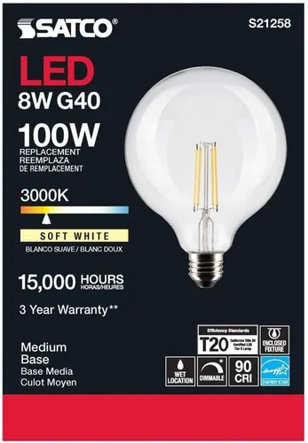 Miniatura 5 de Satco Paquete de 6 bombillas LED de filamento de globo G40 de 8 W, 3000 K, blanco suave, E26, base media, regulable, equivalente a 100 W, ubicación