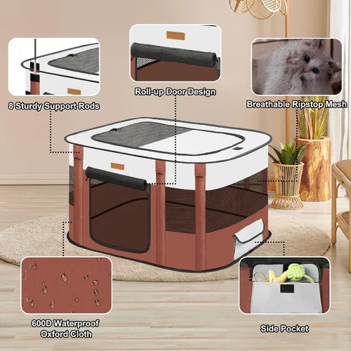 Miniatura 4 de Corralito para perros – Bolígrafos plegables de juego para gatos, para gatitos, conejos, tienda de campaña portátil para mascotas con bolsa de Marrón