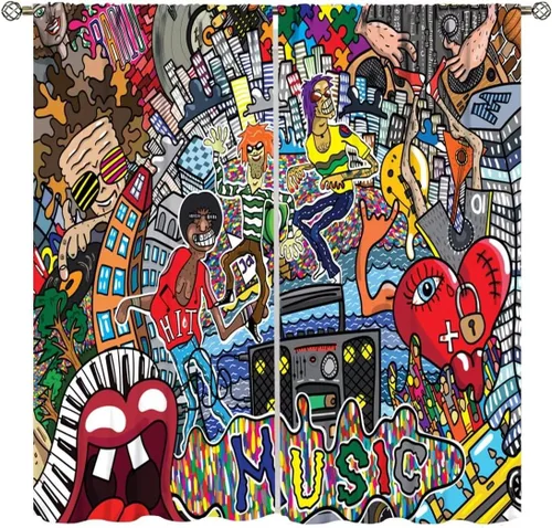 Miniatura 12 de Cortinas de pared de ladrillo, arte pop de grafiti, hermosas cortinas con estampado de chicas americanas para adolescentes, dormitorio, sala