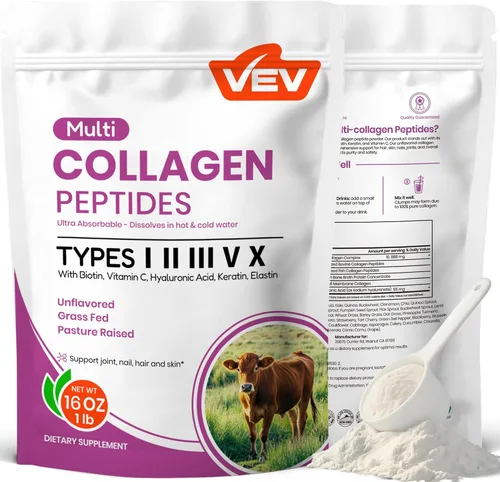 VEV - Péptidos de colágeno múltiple en polvo, 16 onzas (41 porciones) – Tipo I, II, III, V, X, colágeno hidrolizado, poder de ácido hialurónico,