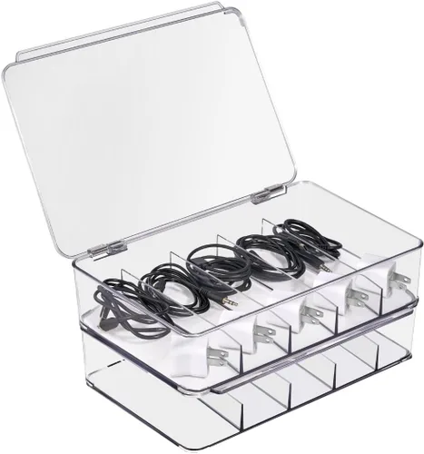 Sorbus Caja de almacenamiento organizadora de cables transparente, paquete de 2 soluciones de gestión de cables de plástico duradero con 5 divisores