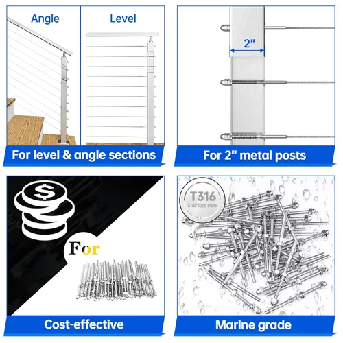 Miniatura 23 de Muzata Paquete de 10 accesorios de barandilla de cable negro de 1/8 pulgadas, tensor roscado a mano para poste de metal de 2 x 2 pulgadas, sistema