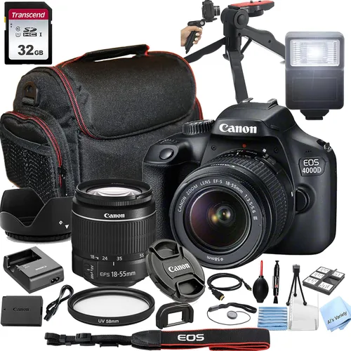 Canon Cámara DSLR EOS 4000D con lente de zoom f/3.5-5.6 de 0.709-2.165 in, memoria de 32 GB, funda, trípode con agarre de mano y más (paquete de 28